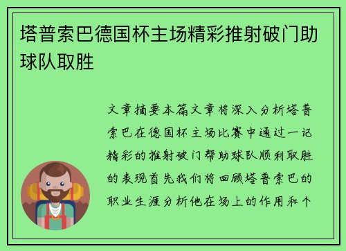 塔普索巴德国杯主场精彩推射破门助球队取胜